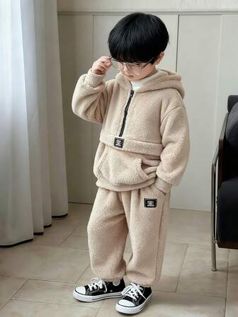 2 st/set Young Boys söt fluffig huvtröja och byxor med resår i midjan, lämplig för höst/vinter utomhus, skidåkning