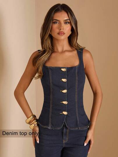 SHEIN BAE Dam Ärmlös Denimtopp med knappar framtill, Casual Sommar, Ärmlös Denimtopp med knappar framtill, Design Sommar, Fritid, Mode, Slim fit, Elegant Stil, Personlig, Enskild Styck