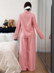 SHEIN Women's Turndown Collar Striped Print Loose Long Sleeve Pajama Set Striped Pajama Set Striped Pjs - Multicolor - View 2