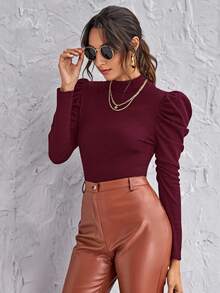 SHEIN Clasi 高领羊腿袖上衣 黑色上衣 - 紫紅色 - 查看 3