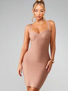 MISSGUIDED Nude Beige Bodycon Mini Dress With Sweetheart Neckline Thick Straps Bandage Style For Party Evening - Maroon - View 3