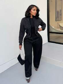 Alexandranx 水洗拉链运动衫 接缝细节 返校 秋冬 舒适 秋季 可爱 休闲 日常 胶囊衣橱 Y2K 街头服饰 圣诞节 - 黑色 - 查看 6