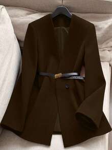 Franclia 女士优雅V领修身大衣，秋冬款 - 咖啡棕 - 查看 1