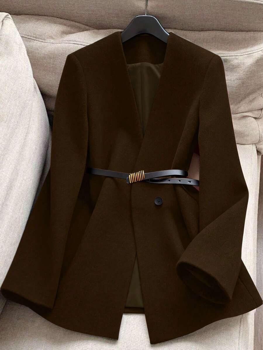 Franclia 女士优雅V领修身大衣，秋冬款 - 咖啡棕 - 查看 1