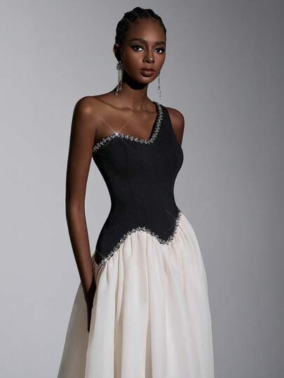 Elitara Elegant, Simple, And Stylish. Black And Apricot Color Blocking, Stretch Knit Organza, Handcrafted Rhinestone Chain Embellishments, Asymmetrical Neckline, Full Skirt With Pleated Train. Suitable For All Formal Occasions, Wedding Guests, And Evening Gowns. Gala Dress