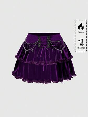 Goth Minifalda de terciopelo con cadena cruzada vintage y romántica para mujer, estilo gótico