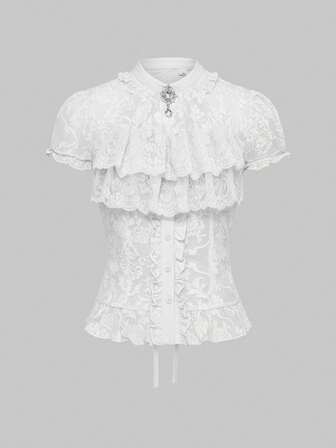 Vintage Palast-Stil Gothic Flockiges abnehmbares Rüschen-Krawattenkragen, Barock-Kristallanhänger, Rüschen-Manschetten-Taille Raffung Frauen Bluse