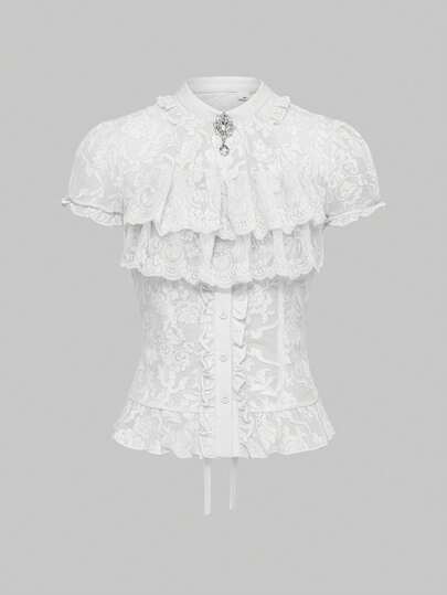 Blouse femme style gothique vintage de palais avec col à volants amovible, pendentif baroque en cristal, poignets à volants évasés et taille cintrée