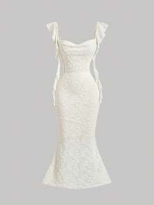 SHEIN MOD 派对礼服，领口蓬松，饰有蘑菇状飘带，杏色紧身长裙，夏季中长裙，性感连衣裙，舞会礼服，约会礼服，杏色连衣裙，优雅连衣裙，飘逸连衣裙，舞会礼服 - 杏色 - 查看 1