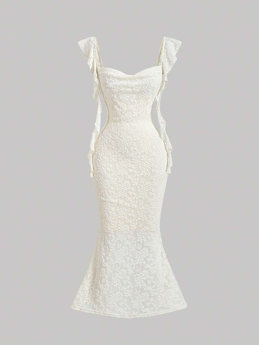 SHEIN MOD 派对礼服，领口蓬松，饰有蘑菇状飘带，杏色紧身长裙，夏季中长裙，性感连衣裙，舞会礼服，约会礼服，杏色连衣裙，优雅连衣裙，飘逸连衣裙，舞会礼服 - 杏色 - 查看 1