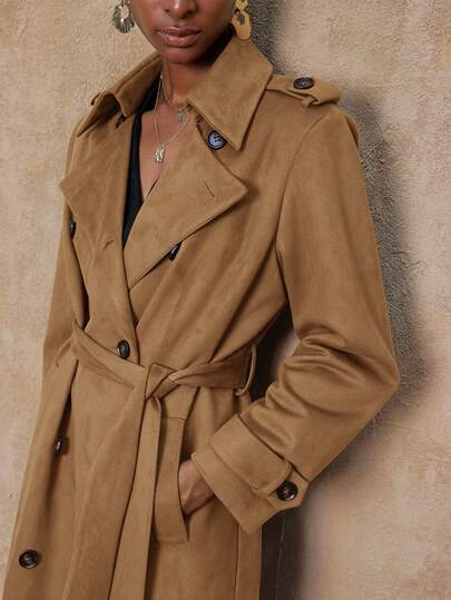 Lumalex 女士纯色翻领长袖双排扣休闲风衣