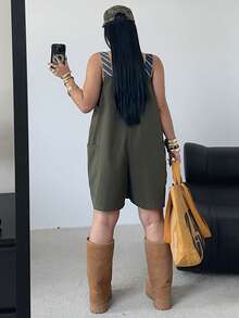 POPSWAY Plus Size Women Striped Contrast Color Pocket Casual Jumpsuit, Suitable For Street, Vacation, Date, Party, Spring/Summer - Army Green - View 2