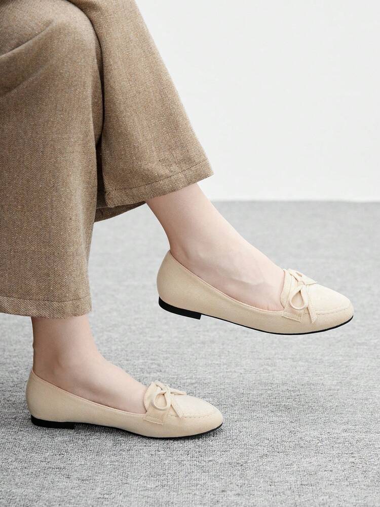 CUCCOO BIZCHIC Apricot Round Toe Velvet Bow Commuter Versatile Lightweight Non-Slip French Style Flat Shoes For Women, Spring/Autumn For Christmas