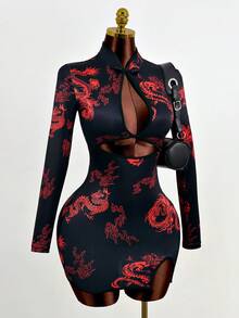 Mistrie 女士性感龙纹镂空紧身连衣裙，秋季 - 黑色 - 查看 1