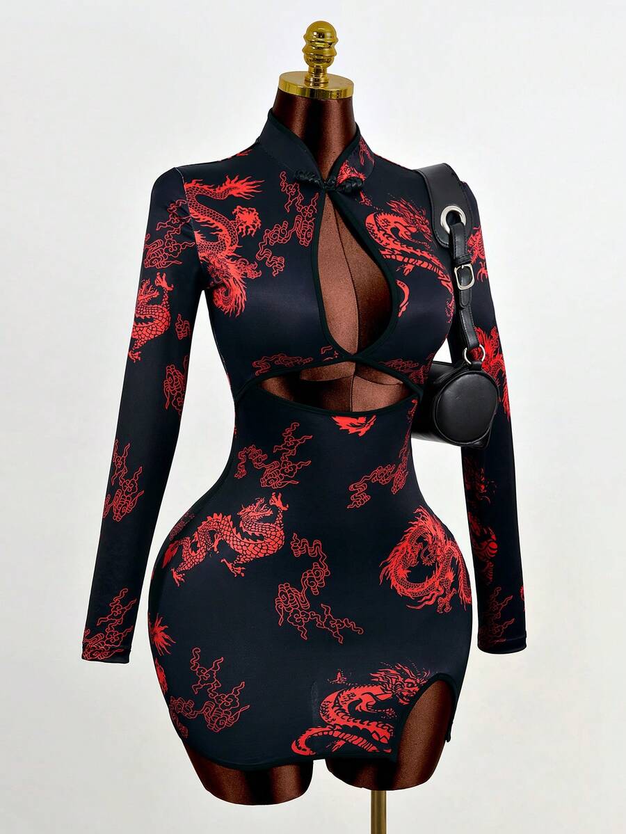 Mistrie 女士性感龙纹镂空紧身连衣裙，秋季 - 黑色 - 查看 1