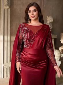 Aureia Váy đuôi cá dáng suông dài tay bo gấu, cổ tròn, thêu sequin, chất liệu satin co giãn, sang trọng, thanh lịch, cỡ lớn, phù hợp cho tiệc tối, tiệc độc thân, hẹn hò, dạ hội, đám cưới, dịp trang trọng (trang trí nhiều) - Màu Đỏ Sâu - Xem 5