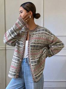 DAZY Women's Contrast Color Jacquard Loose Long Sleeve Round Neck Placket Elegant Formal Knit Cardigan, Autumn/Winter