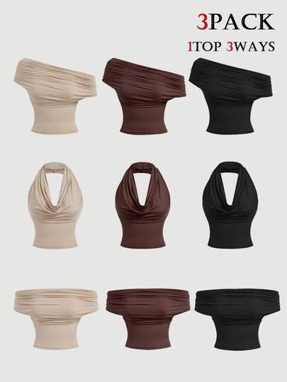 SHEIN MOD Parte superior casual de mujer de 3 formas de usar, de unicolor y ajuste ceñido para el verano, parte superior de cuello de capucha, parte superior hombros descubiertos, tops estéticos, para festival, campo, vacaciones en la playa, fiesta del té, modesta, baile de graduación, tops lindos, camisetas sin tirantes, tops tubo largos, paquete de tops tubo para mujer, invierno, Navidad, Año Nuevo, Acción de Gracias para mujer, tops sexy