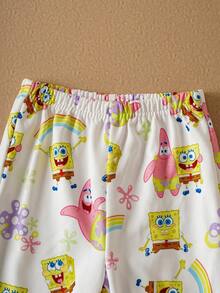 SpongeBob SquarePants | SHEIN Baby Girl Cartoon & Floral Print Cute Knit Loose Fit Crew Neck Drop Shoulder Long Sleeve Sweatshirt And Sweatpants Set, Autumn/Winter - White - View 5