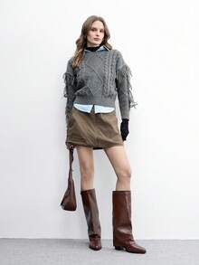 CUCCOO BIZCHIC 女士咖啡色方头粗跟高筒靴，简约通勤风过膝靴 - 棕色 - 查看 6