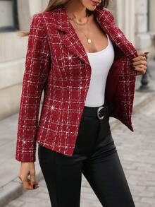 SHEIN Clasi 女士红色金属光泽西装外套 - 紅白色 - 查看 11