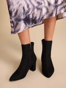 女士黑色尖头侧拉链时尚高跟踝靴 - 黑色 - 查看 3