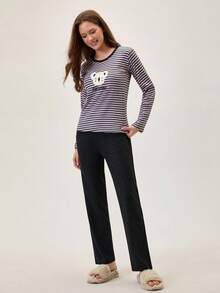 Loomlin 2pcs Cotton Contrast Colour Striped With Koala Embroidery Detail PJ Set - Grey - View 4