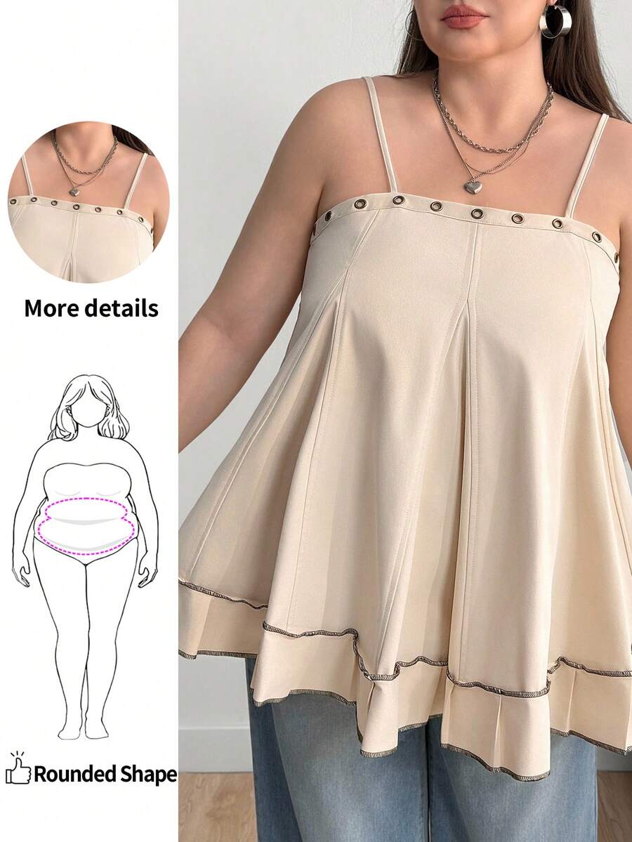 Enliva 大码女式金属孔眼细节、褶饰、A 字下摆可调节肩带吊带背心/秋冬 - 卡其色 - 查看 1
