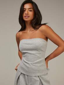 Athîral 两件套女士休闲纯色抹胸上衣和阔腿裤套装 - 灰色 - 查看 4