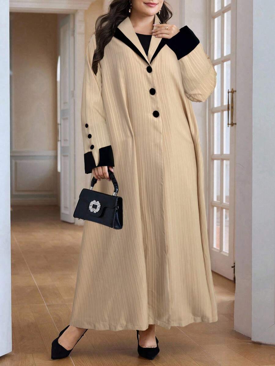 Al Najma Áo Abaya rộng rãi, thoải mái hàng ngày/đi làm, họa tiết khối màu, cổ ve áo, cỡ lớn dành cho nữ, mùa xuân/thu - Màu Khaki - Xem 1