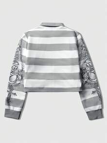 ROMWE MEN Street Life 春季休闲男士半拉链长袖天使条纹时尚印花套头卫衣，Y2K - 彩色 - 查看 4