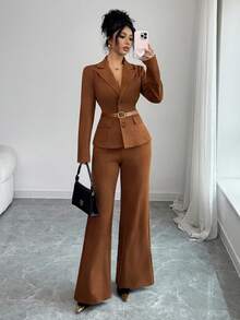 SHEIN Elenzya New Women's Suede Fabric Long Sleeve Fitted Blazer Style Paired With Elastic Waist Flared Leg Pants, Young & Elegant Office/Casual 2 Pieces Set - Brown - View 6