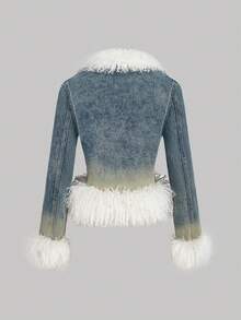 SHEIN MOD Women's Fluffy & Denim Patchwork Jacket - Multicolor - View 2