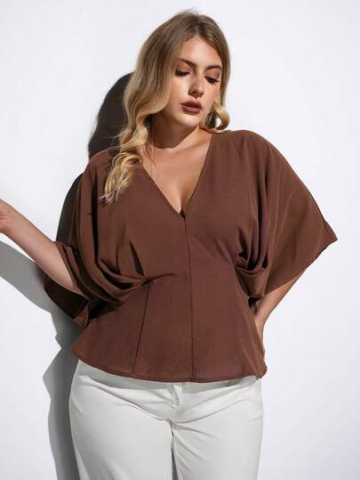 Maija Plus Size Women's Early Spring 2026 Winter Outfit, Bat Wing Sleeve Blouse, Elegant Loose Fit, Suitable For 5-15°C, Suitable For Halloween, Christmas, Winter, Work, Office, Professional Women, Office Wear, Women's Shirt, Autumn Women's Wear, Button-Down Shirt, Business Casual Women's Clothing, Daily Wear