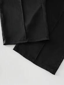 Cravure Plus Size Women's Autumn/Winter Satin Texture Ruffled Collar Long Sleeve Pleated Design Pullover Fitted Slightly Loose Blouse And Matching Elastic Waist Straight Leg Pants 2-Piece Set, &Regalyn Top And Pants Suit, Versatile For Commuting, Shopping, And Daily Wear - Black - View 3