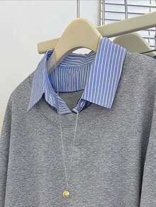 SHEIN Sudadera casual de talla grande con parches y rayas, de hombros caídos, para otoño - Gris - Ver 3