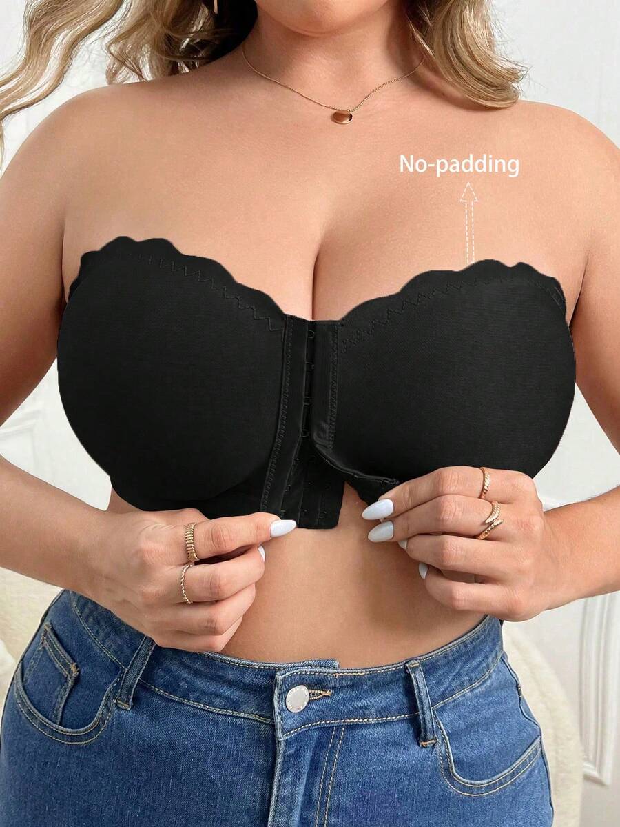 1pc Front Closure Wirefree Plus Size Women Bandeau Bra - Black - View 1