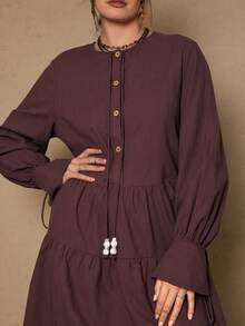 SHEIN LUNE Vestido de mujer de talla grande para otoño e invierno con cuello de solapa medio abierto con lazo y bolsillo sesgado, atuendos de San Valentín para mujer, atuendos de verano para mujer con falda de paraguas de múltiples capas y línea A, 100% algodón, estilo casual y relajado, estilo de dinero viejo, atuendos cortos de vacaciones para mujer - Café integral - Ver 9