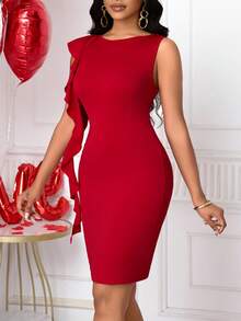 SHEIN Lunessa Vestido corto elegante con volantes en el dobladillo y mangas con volantes para mujer, Día de San Valentín - Rojo - Ver 6