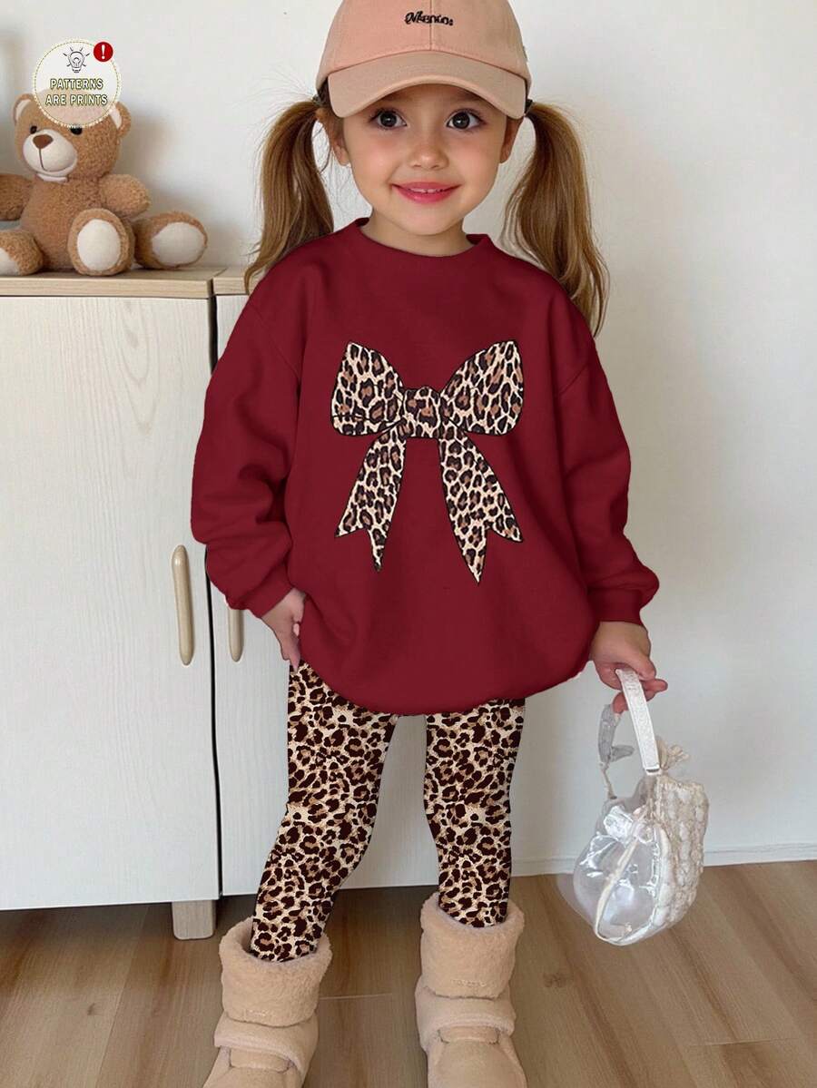 2件套女童休闲复古豹纹蝴蝶结装饰卫衣和打底裤套装，覆盆子红，街头风，朋克风，复古风，返校季穿搭，适合秋冬季 - 彩色 - 查看 1