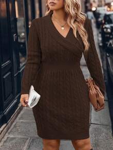 EMERY ROSE Plus Size Women Solid Color Knitted V-Neck Button Fitted Bodycon Commuter Elegant Formal Pullover Sweater Dress, Autumn/Winter - Coffee Brown - View 1