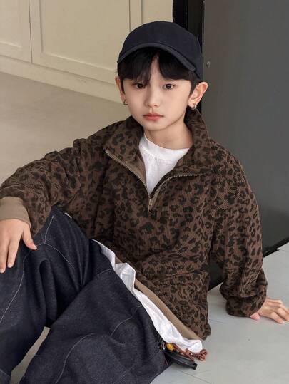 Dazy Kids 秋季大码男童休闲宽松豹纹Polo领卫衣