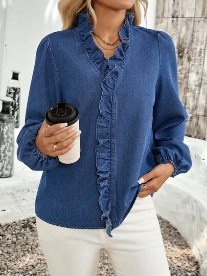 EMERY ROSE 女式纯色荷叶边长袖牛仔衬衫