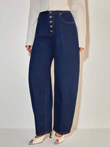 COSMINA Women's Elegant Denim Metal Buckle Barrel Leg Pants, Loose Fit Versatile For Commuting, Daily Office Wear, All Seasons - Blue - View 1