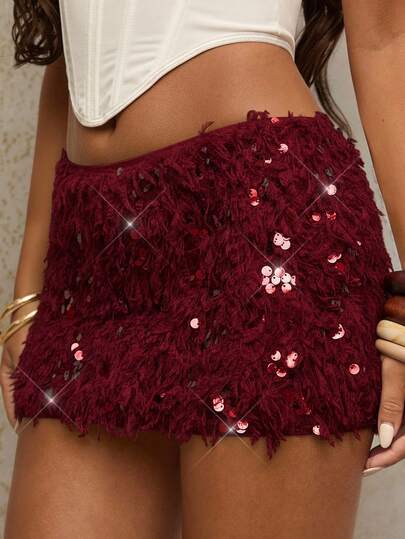 SHEIN BAE Women's Solid Color Sequin Fuzzy Short Skirt,Party Dresses For Women