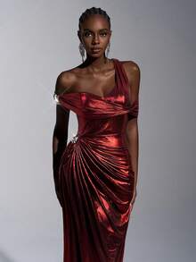 Elitara 优雅奢华的银色涂层褶皱不对称领口蝙蝠袖A字型长款晚礼服 - 酒紅色 - 查看 1