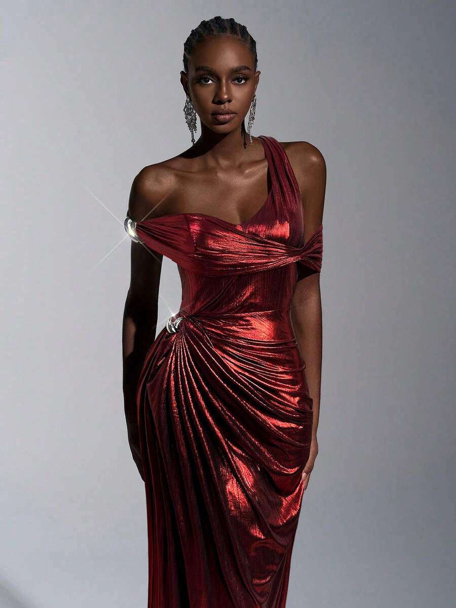 Elitara 优雅奢华的银色涂层褶皱不对称领口蝙蝠袖A字型长款晚礼服 - 酒紅色 - 查看 1
