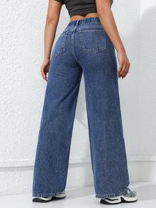 SHEIN ICON Jeans rectos sin estiramiento de color marrón para vacaciones de mujer talla grande - Azul lavado medio - Ver 2