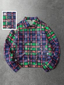 ROMWE MEN Street Life Men's Shirt With Rhinestone Plaid Pattern, Long Sleeve, Streetwear American Style - Blue - View 3