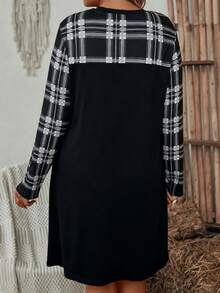 EMERY ROSE Plus Size Casual Patchwork Plaid Round Neck Long Sleeve Dress - Black - View 2